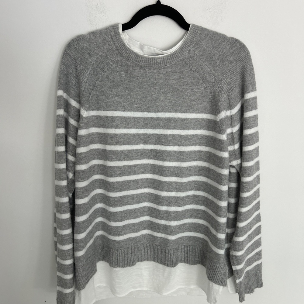Design History Women's L Cashmere/Cotton Long Sleeve Gray White Striped Pullover